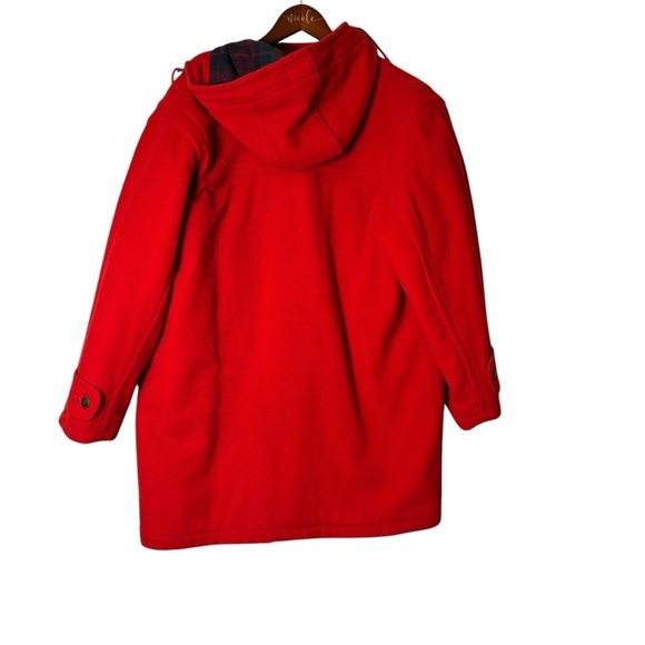 Vintage LL BEAN Wool Duffel Coat Toggle Jacket w/Hood Womens Red with Plaid - Picture 2 of 7